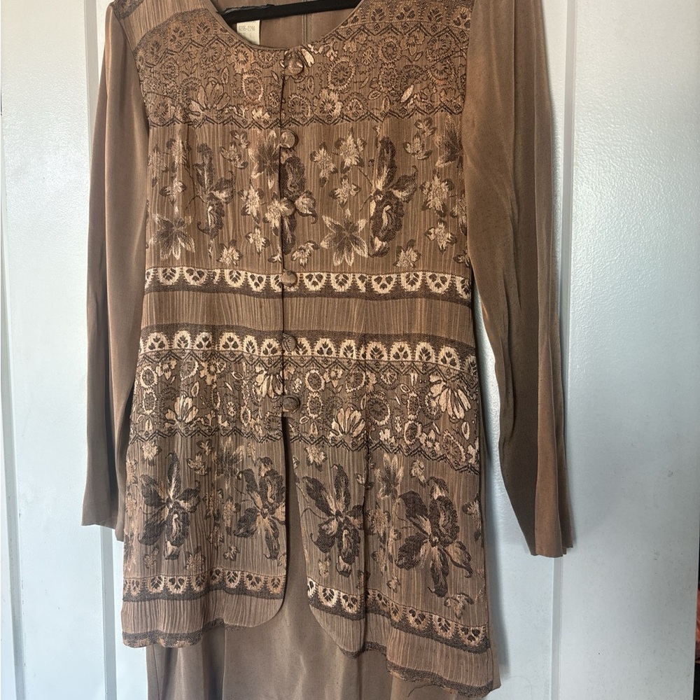 Vintage 90s Brown Floral Embroidered Long Sleeve Dress